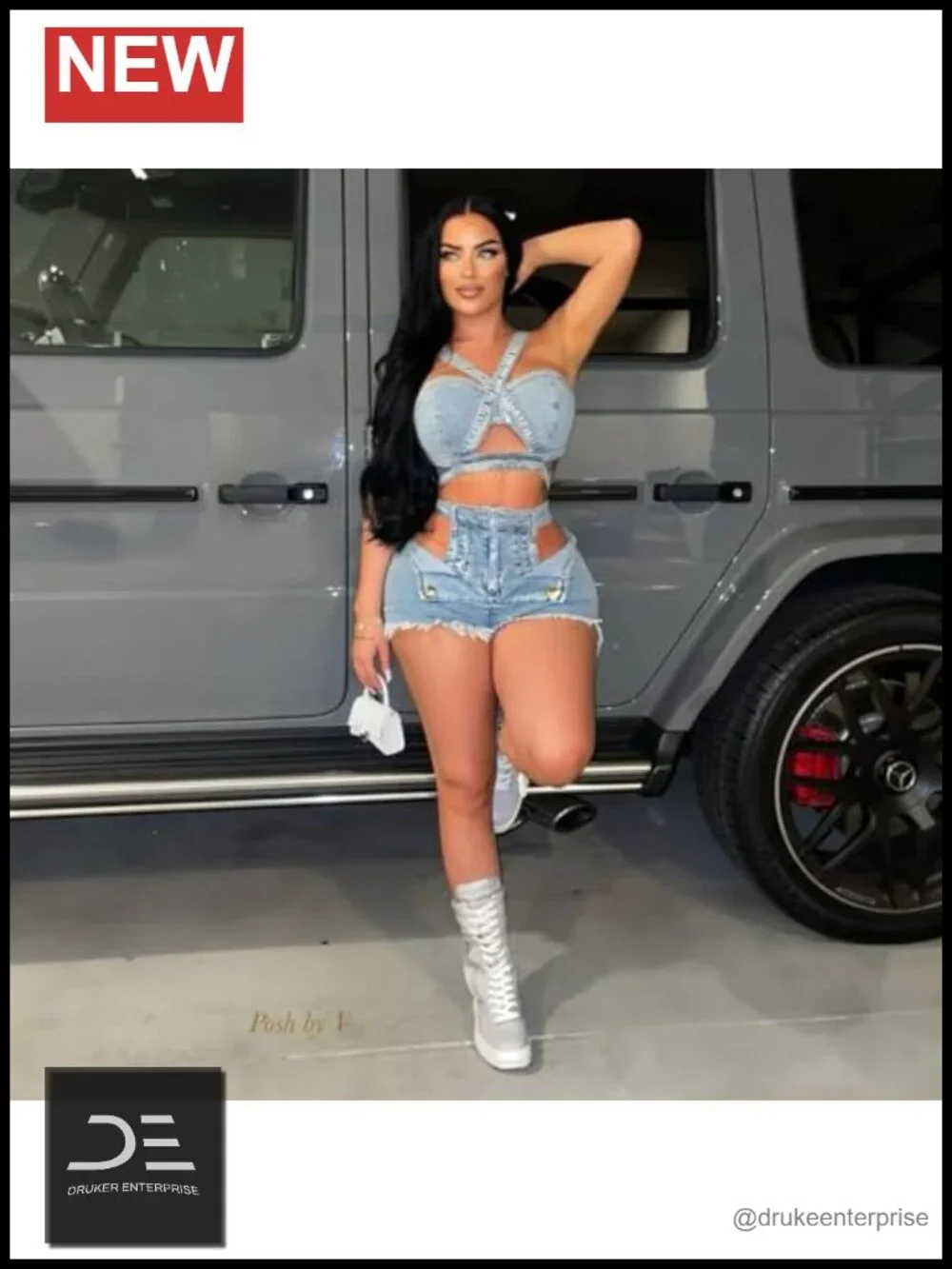 2 Pc Sleeveless Denim Crossover Crop Top & High Waist Jean Shorts Set, S-XXL